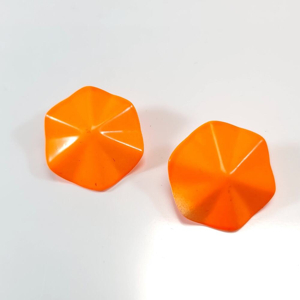 Vintage Orange Geometric Metal Earrings, Bold Sculpted Design, Statement Jewelry
